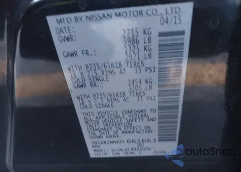 2015 Nissan Pathfinder Sl z USA, uszkodzony, nr VIN 5N1AR2MNXFC661663